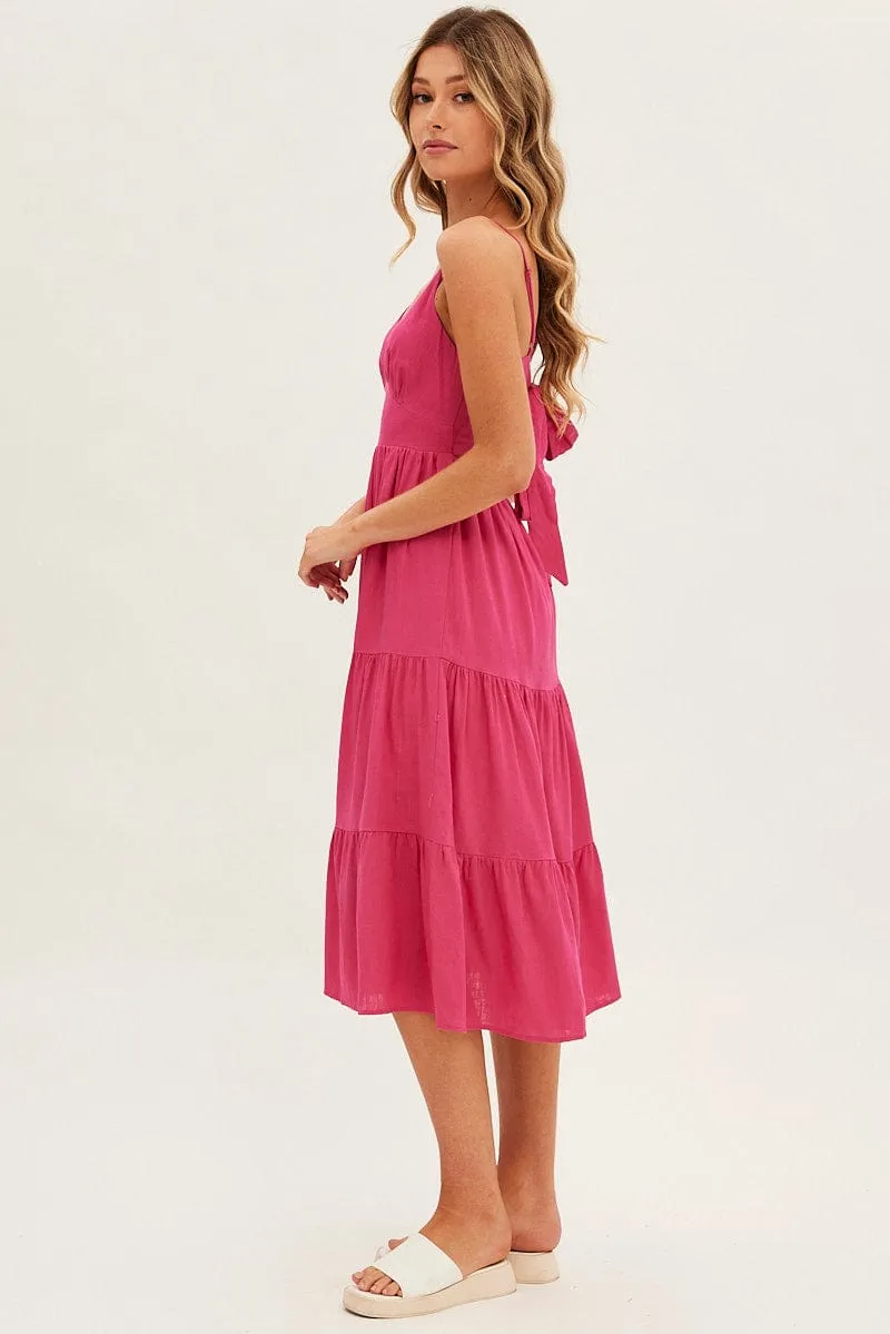 Pink Midi Dress Sleeveless V Neck Tiered Linen Blend sold by Ally Fashion product image thumbnail 4