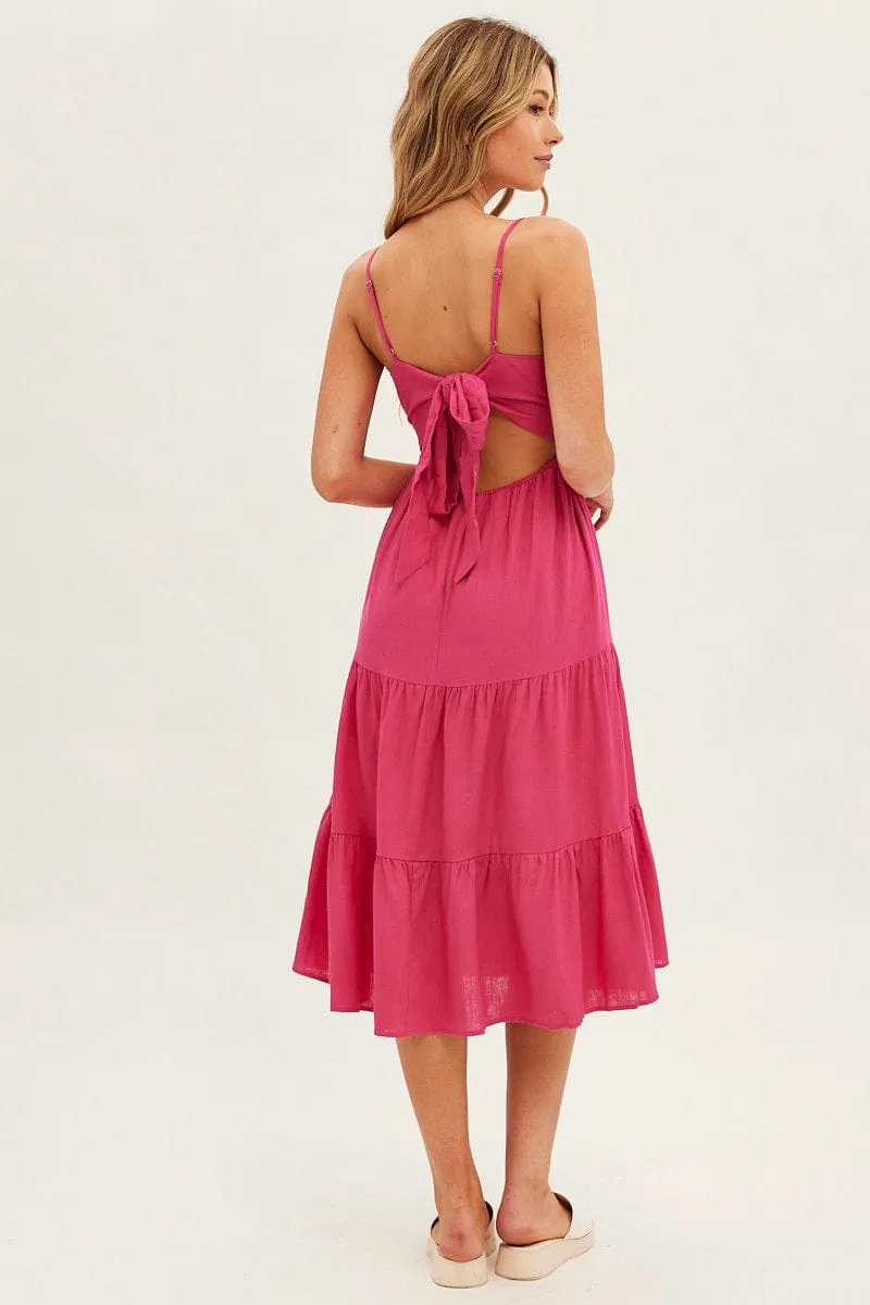 Pink Midi Dress Sleeveless V Neck Tiered Linen Blend sold by Ally Fashion product image thumbnail 5