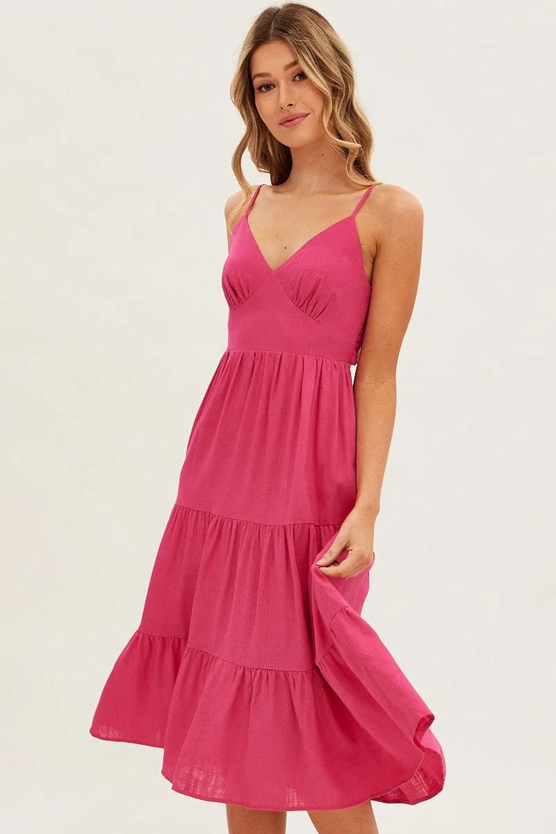 Pink Midi Dress Sleeveless V Neck Tiered Linen Blend sold by Ally Fashion product image thumbnail 2