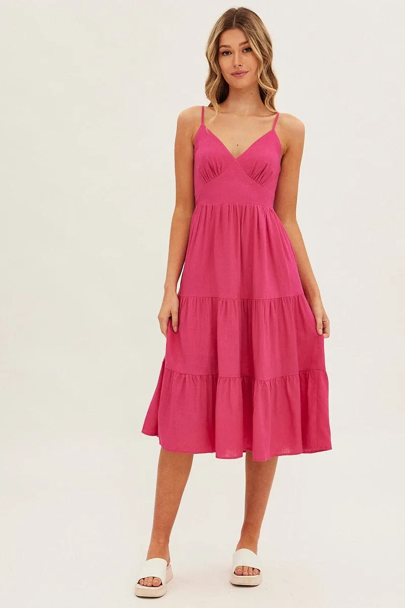 Pink Midi Dress Sleeveless V Neck Tiered Linen Blend sold by Ally Fashion product image thumbnail 3