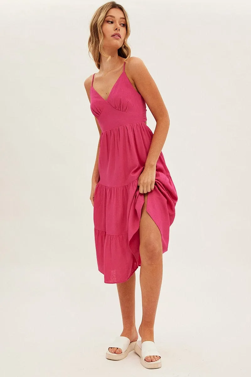 Pink Midi Dress Sleeveless V Neck Tiered Linen Blend sold by Ally Fashion