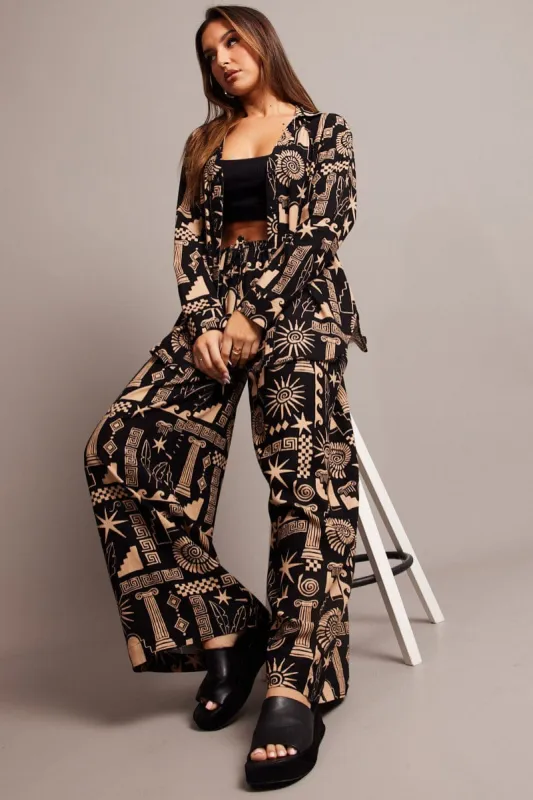 Black Abstract Wide Leg Pants High Rise sold by Ally Fashion