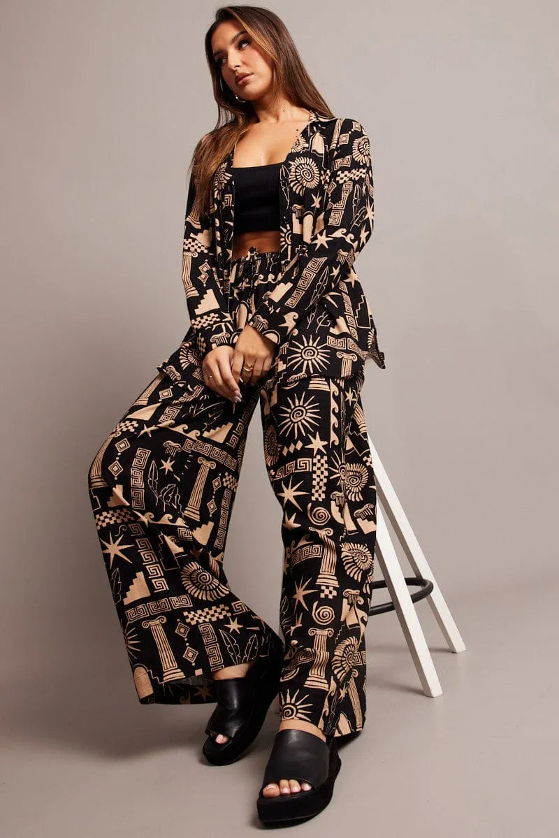 Black Abstract Wide Leg Pants High Rise sold by Ally Fashion