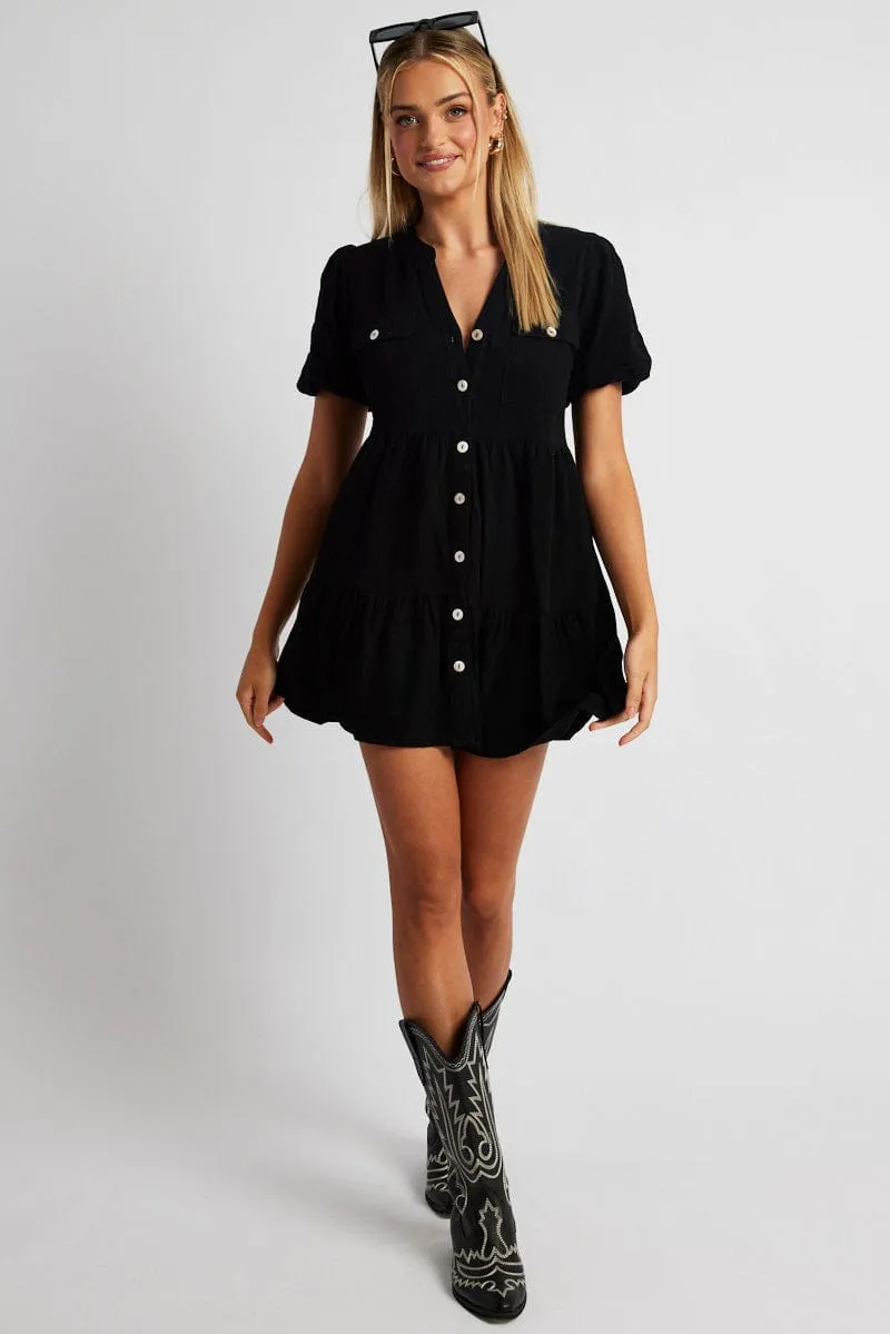 Black Button Through Mini Dress Collar Linen Blend sold by Ally Fashion product image thumbnail 2
