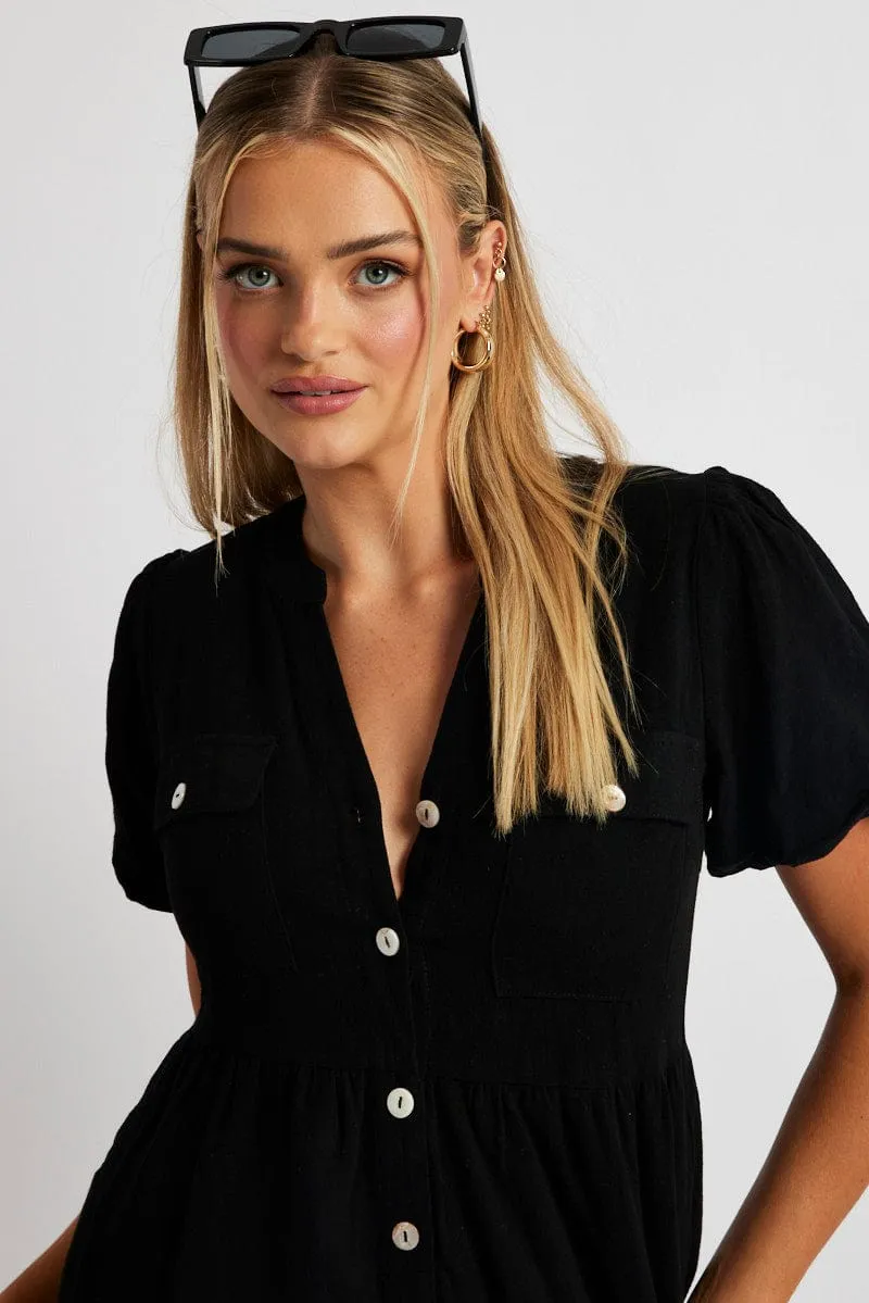 Black Button Through Mini Dress Collar Linen Blend sold by Ally Fashion product image thumbnail 3