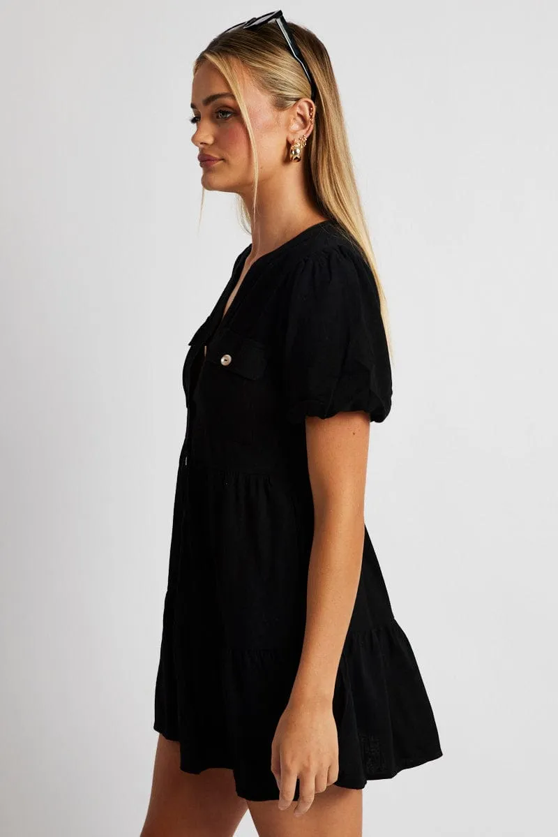 Black Button Through Mini Dress Collar Linen Blend sold by Ally Fashion product image thumbnail 4
