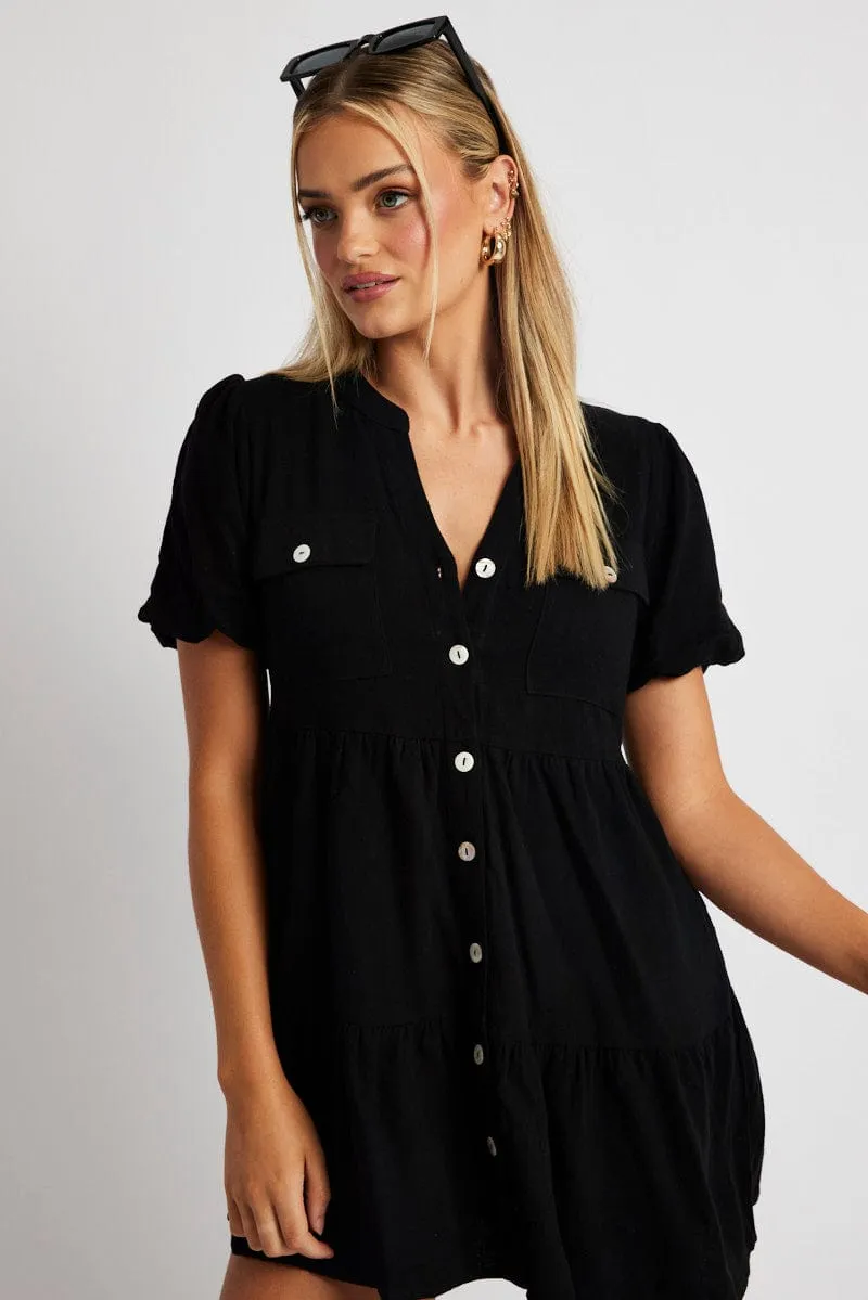 Black Button Through Mini Dress Collar Linen Blend sold by Ally Fashion