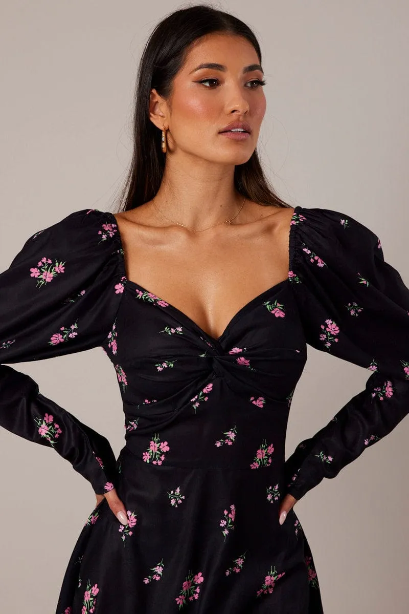 Black Floral Skater Dress Puff Sleeve Dress Swishy sold by Ally Fashion product image thumbnail 3