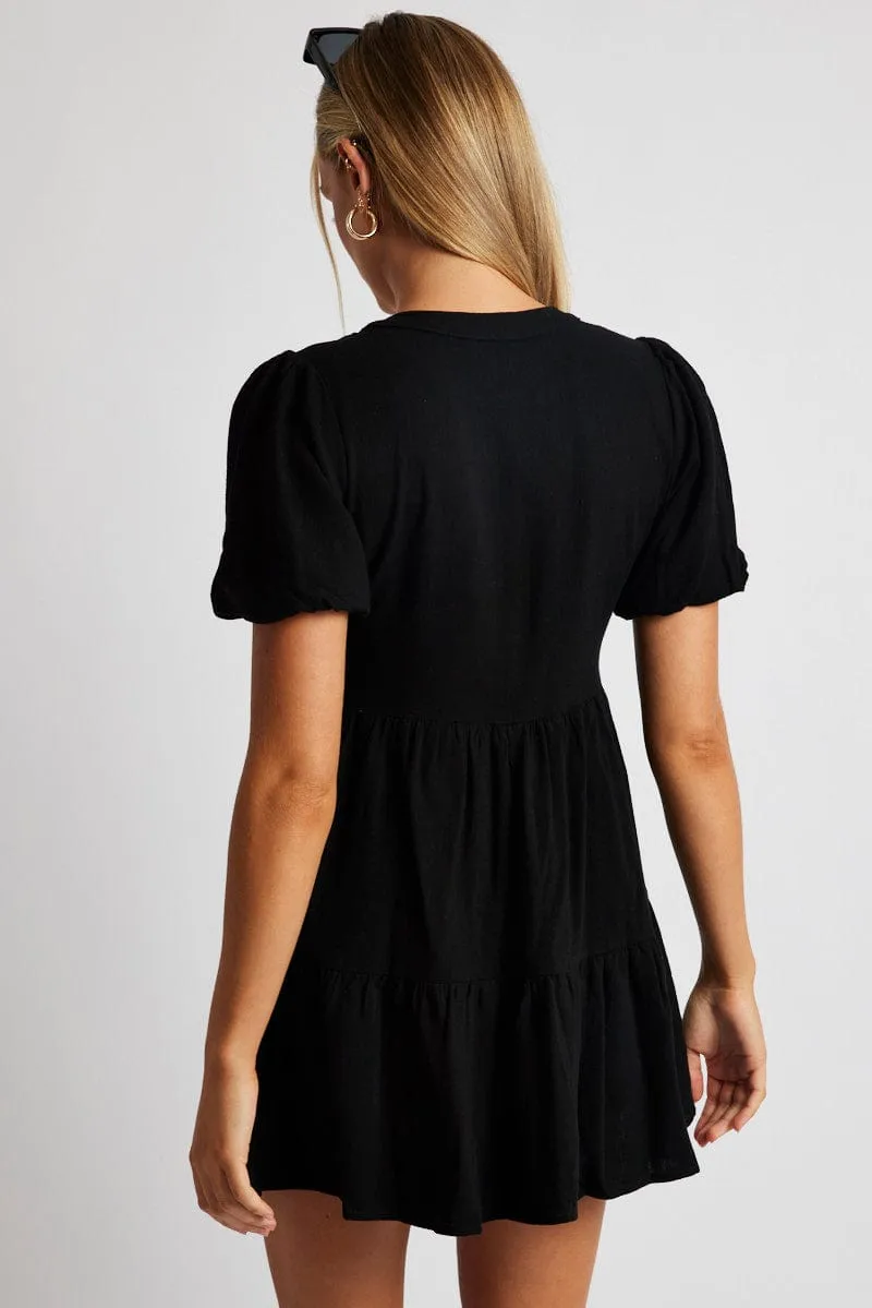 Black Button Through Mini Dress Collar Linen Blend sold by Ally Fashion product image thumbnail 5