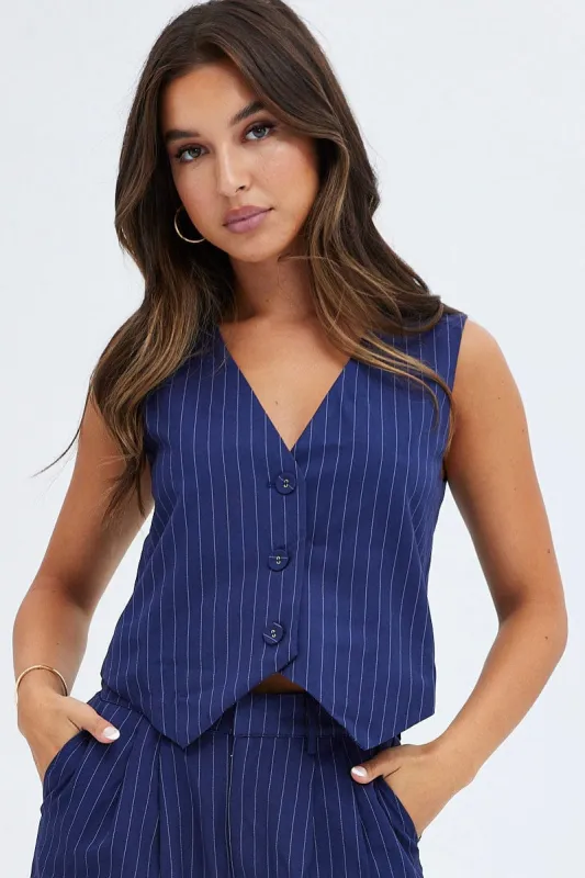 Blue Stripe Top Waistcoat Sleeveless V Neck Button Up Relaxed sold by Ally Fashion