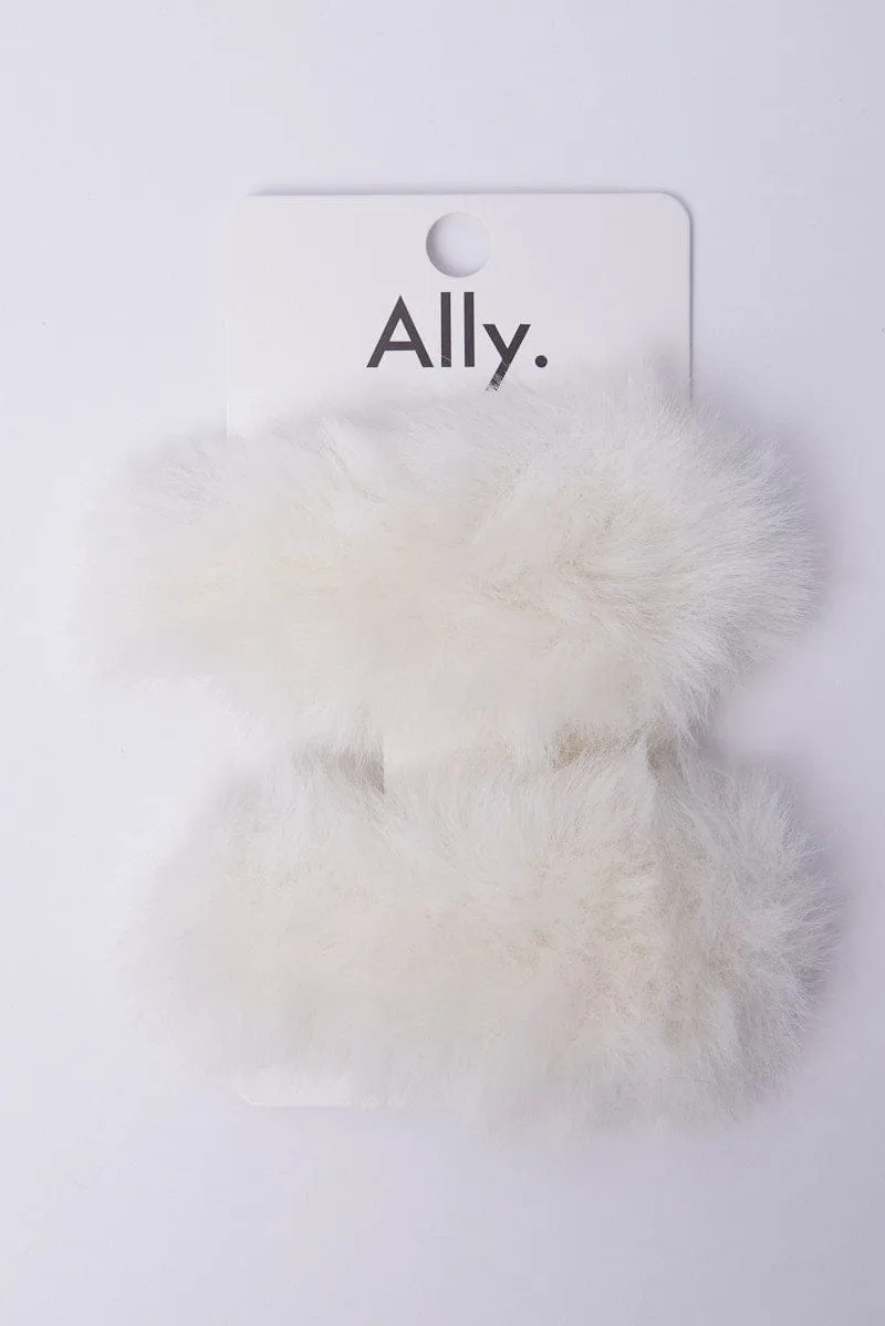 White 2 Pack Faux Fur Hair Clips sold by Ally Fashion product image thumbnail 3