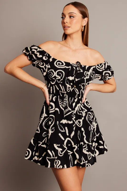 Black Abstract Fit And Flare Dress Mini sold by Ally Fashion