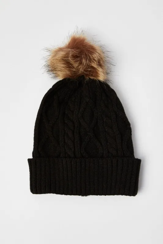 Black Faux Fur Pom Pom Beanie sold by Ally Fashion