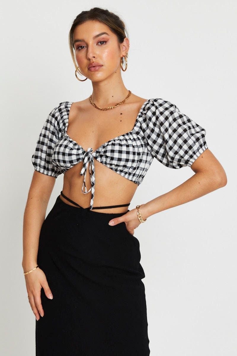 Check Crop Top Short Sleeve Tie Up sold by Ally Fashion