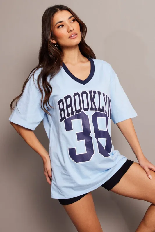 Blue Graphic Tee V Neck Short Sleeve sold by Ally Fashion