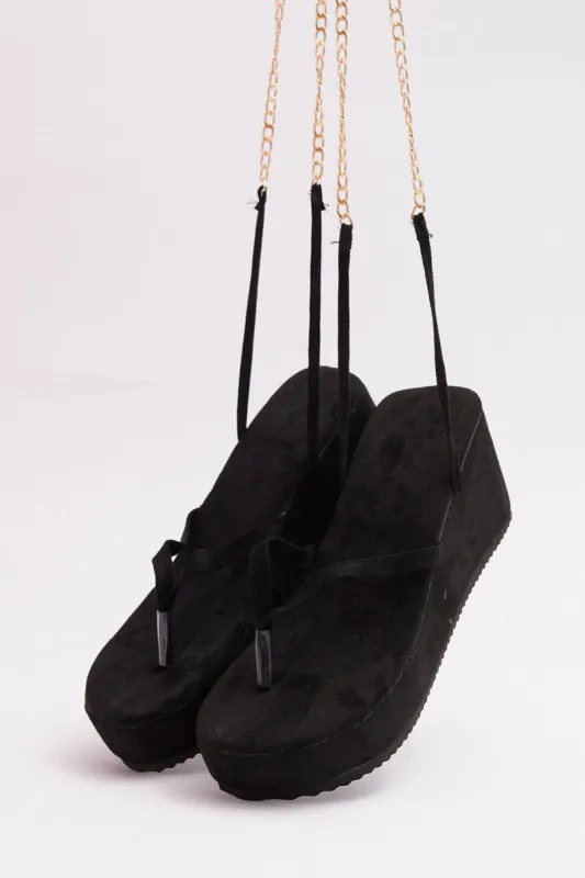 Black Chain Decor Tie Leg Toe Post Wedge Thong Sandals sold by Ally Fashion