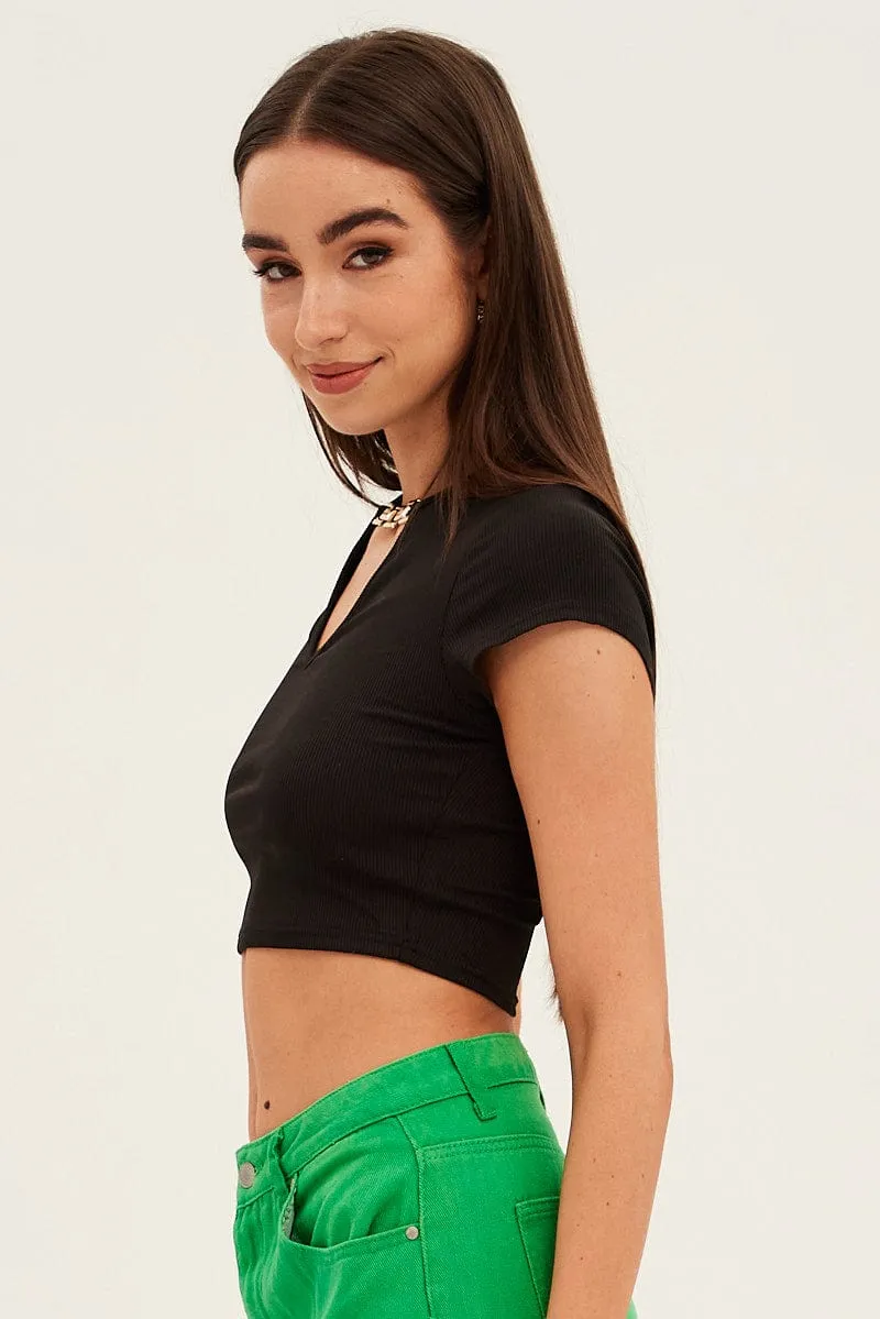Black Crop Top Short Sleeve Notched Neck Chain Detail sold by Ally Fashion product image thumbnail 4