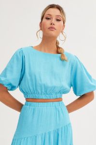 Blue Crop Top Puff Sleeve sold by Ally Fashion