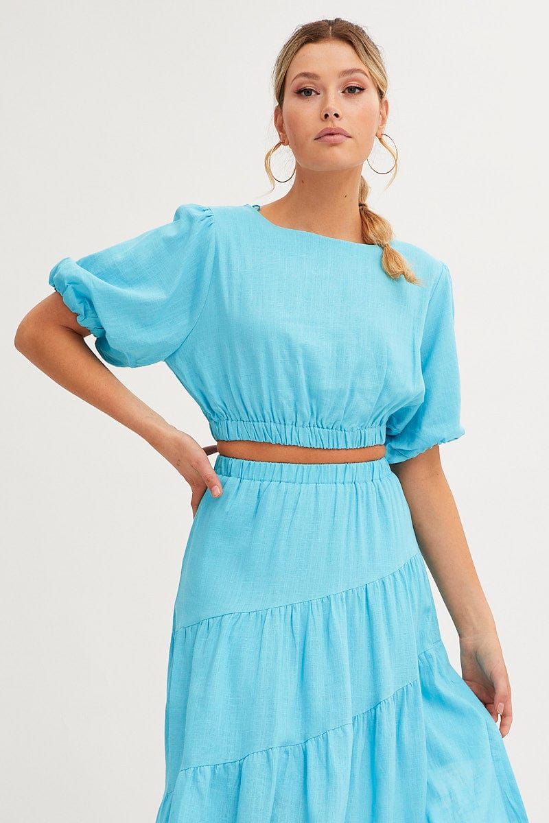 Blue Crop Top Puff Sleeve sold by Ally Fashion