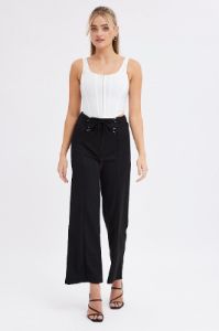 Black Straight Leg Pants High Rise Lace Up Jersey sold by Ally Fashion