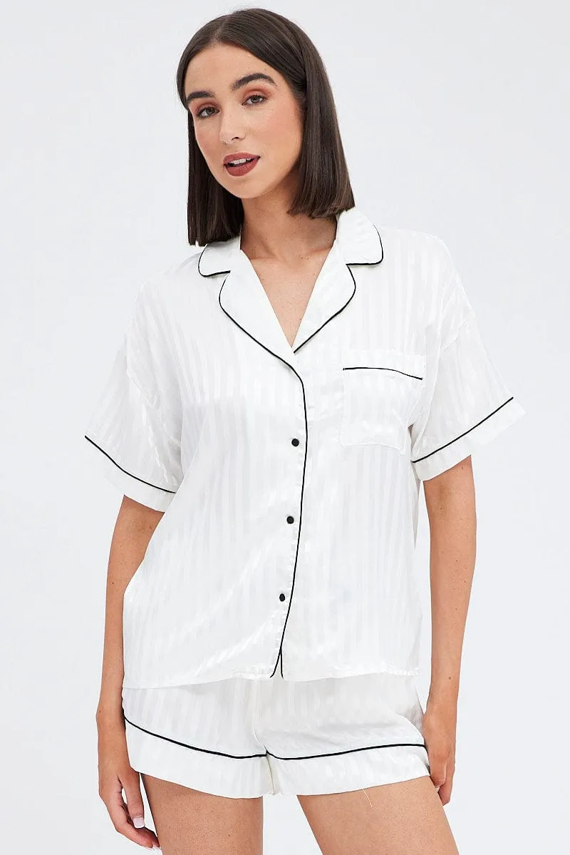 White Stripe Satin Pj Jacquard Stripe Piping Pyjama Set sold by Ally Fashion product image thumbnail 3
