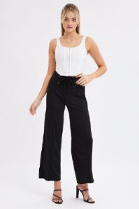 Black Straight Leg Pants High Rise Lace Up Jersey sold by Ally Fashion