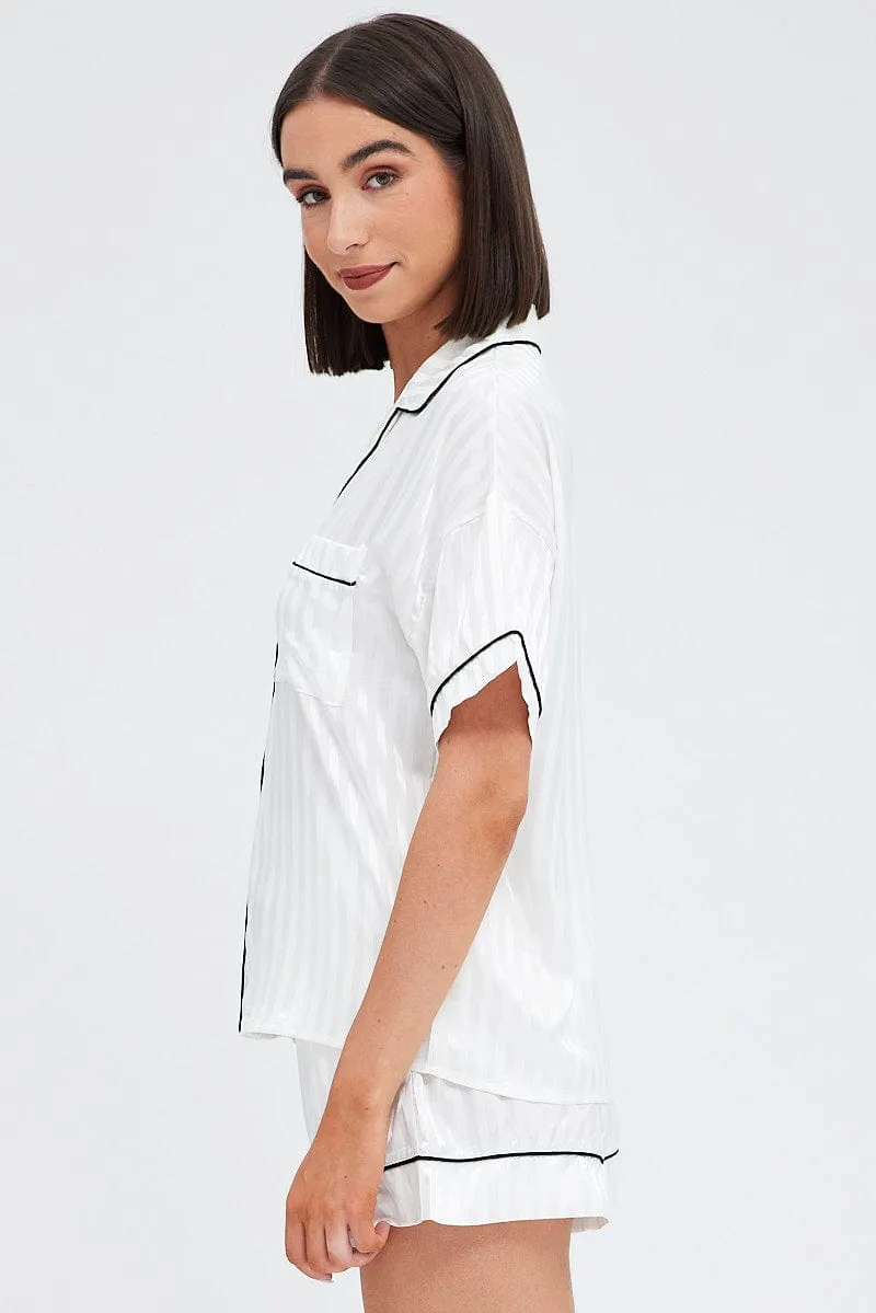 White Stripe Satin Pj Jacquard Stripe Piping Pyjama Set sold by Ally Fashion product image thumbnail 4