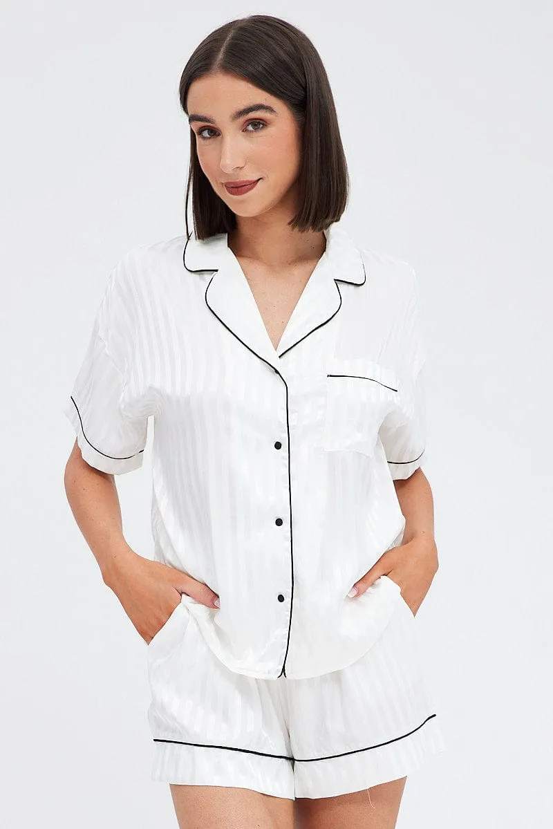 White Stripe Satin Pj Jacquard Stripe Piping Pyjama Set sold by Ally Fashion