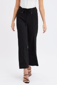 Black Straight Leg Pants High Rise Lace Up Jersey sold by Ally Fashion