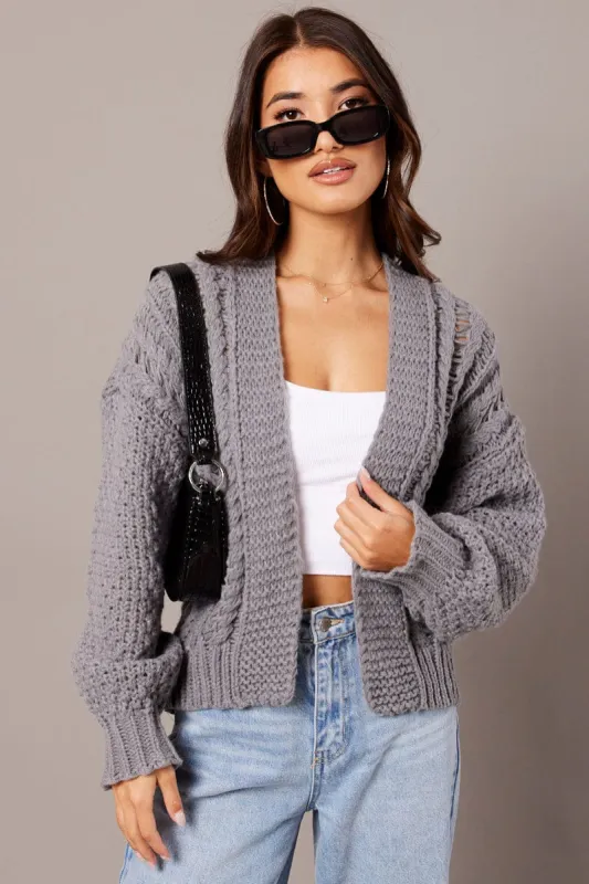 Grey Knit Cardigan Long Sleeve Relaxed Fit Cable sold by Ally Fashion