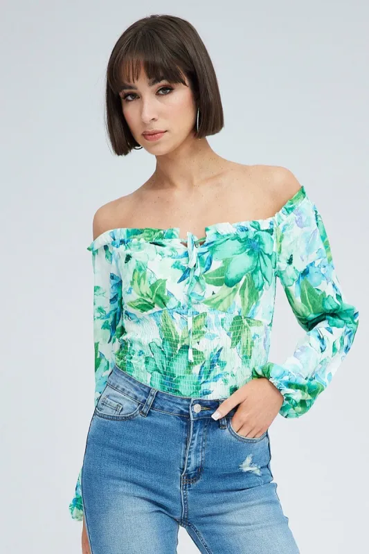 Green Floral Bodysuit Long Sleeve Floral Print made by Ally Fashion