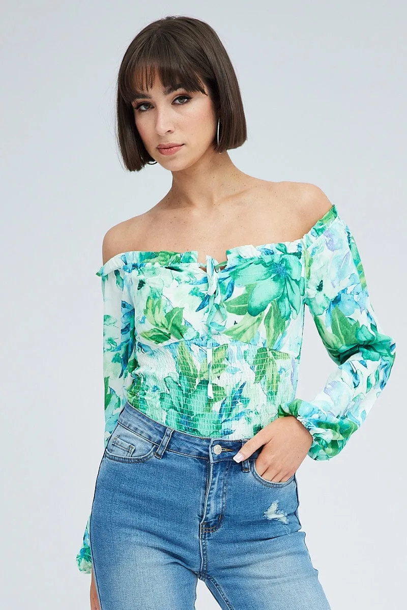 Green Floral Bodysuit Long Sleeve Floral Print sold by Ally Fashion