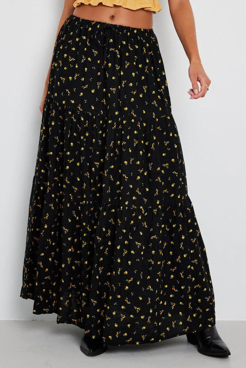 Black Floral Maxi Skirt Elasticated Waist sold by Ally Fashion product image thumbnail 3