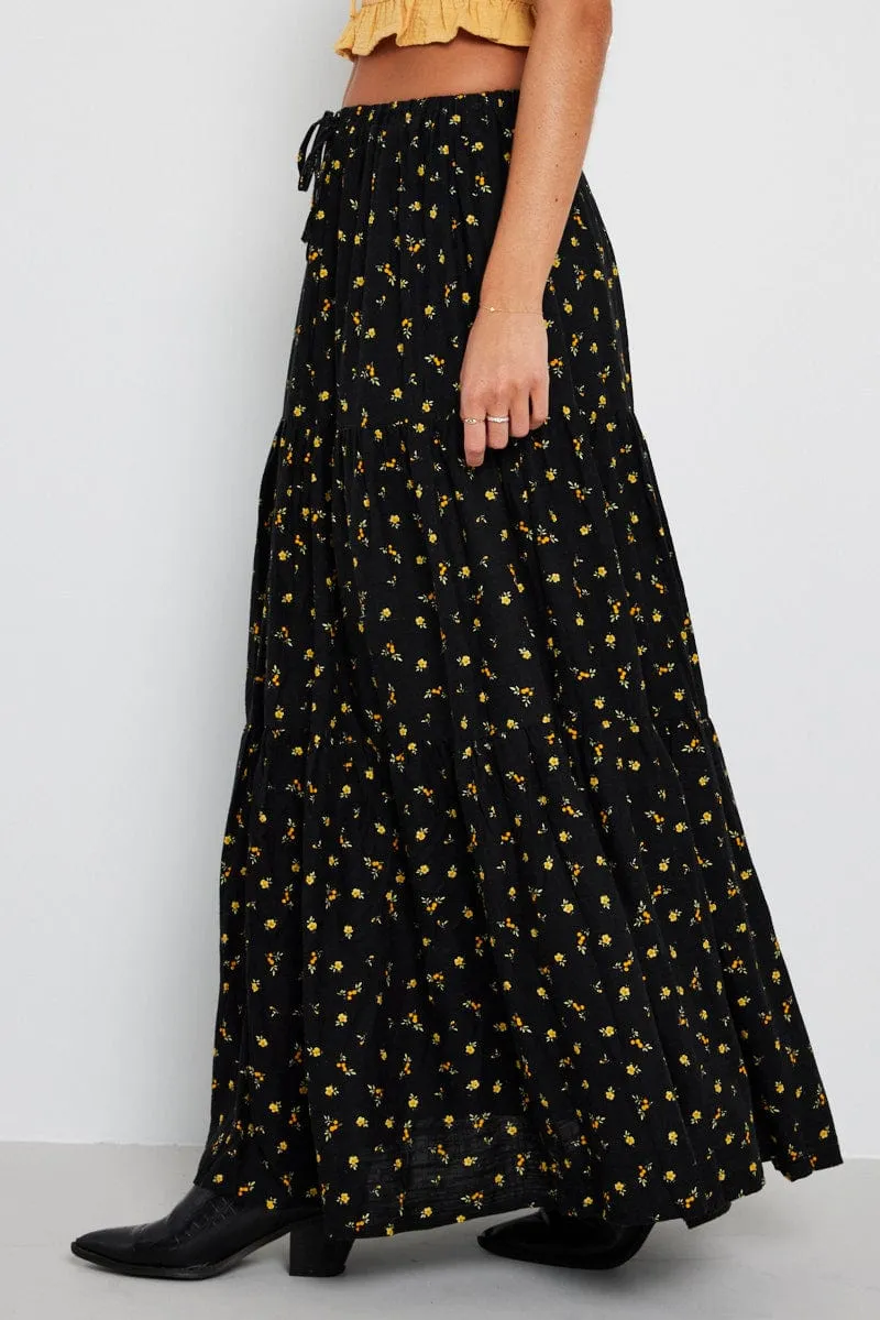 Black Floral Maxi Skirt Elasticated Waist sold by Ally Fashion product image thumbnail 4