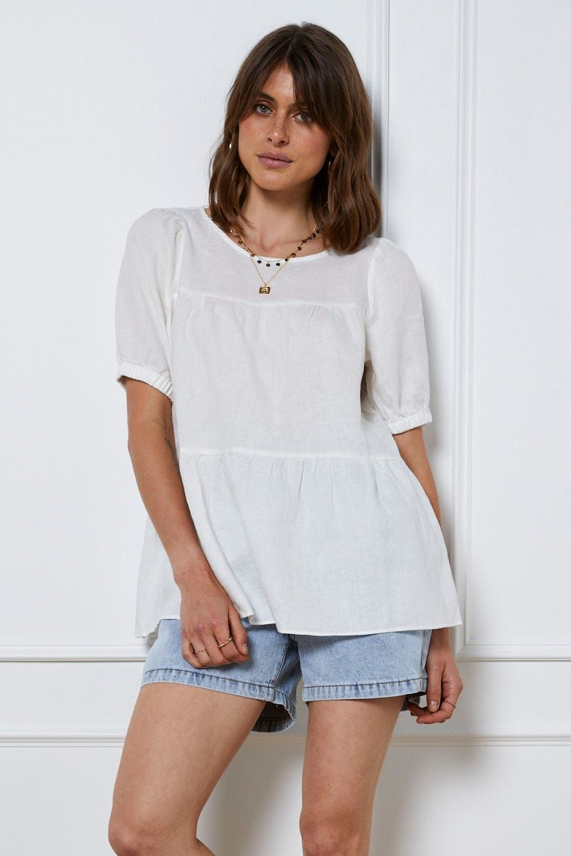 White Top Short Sleeve Relaxed Linen sold by Ally Fashion