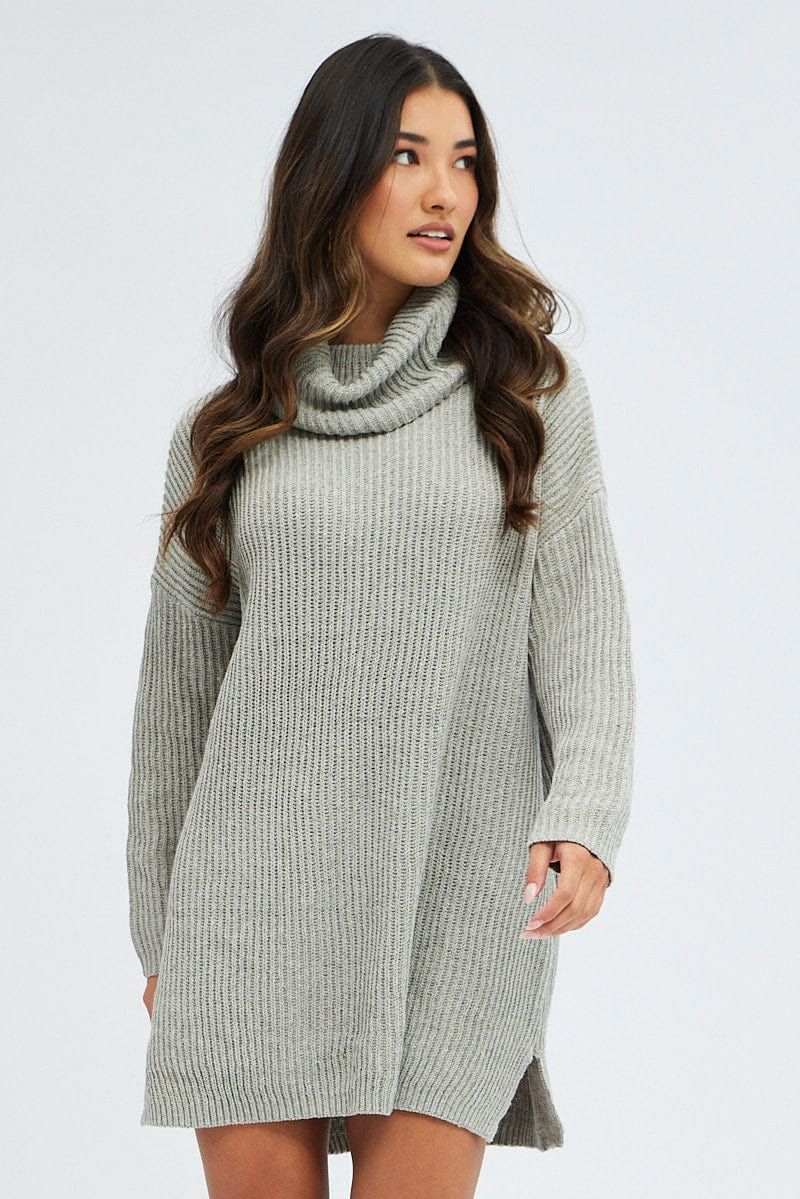 Grey Knit Dress Turtle Neck Long Sleeve Mini sold by Ally Fashion product image thumbnail 3