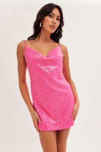 Pink Sequin Dress Cowl Neck Low Back Mini sold by Ally Fashion