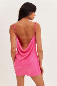 Pink Sequin Dress Cowl Neck Low Back Mini sold by Ally Fashion