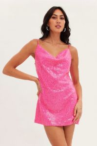 Pink Sequin Dress Cowl Neck Low Back Mini sold by Ally Fashion