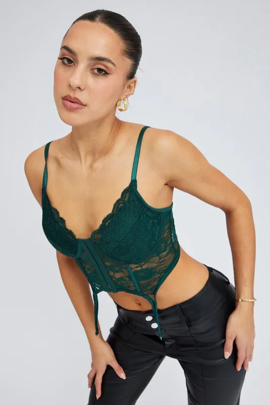Green Corset Top Sleeveless Sweetheart Crop Garter Lace sold by Ally Fashion