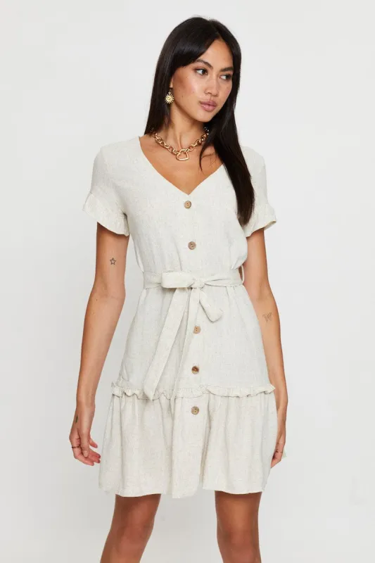 Beige Mini Dress Short Sleeve V Neck sold by Ally Fashion