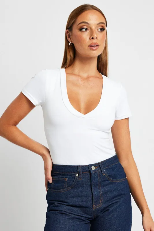 White Supersoft Bodysuit Sleeveless V Neck sold by Ally Fashion