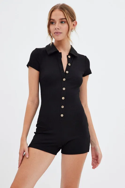Black Romper Short Sleeve Collared sold by Ally Fashion