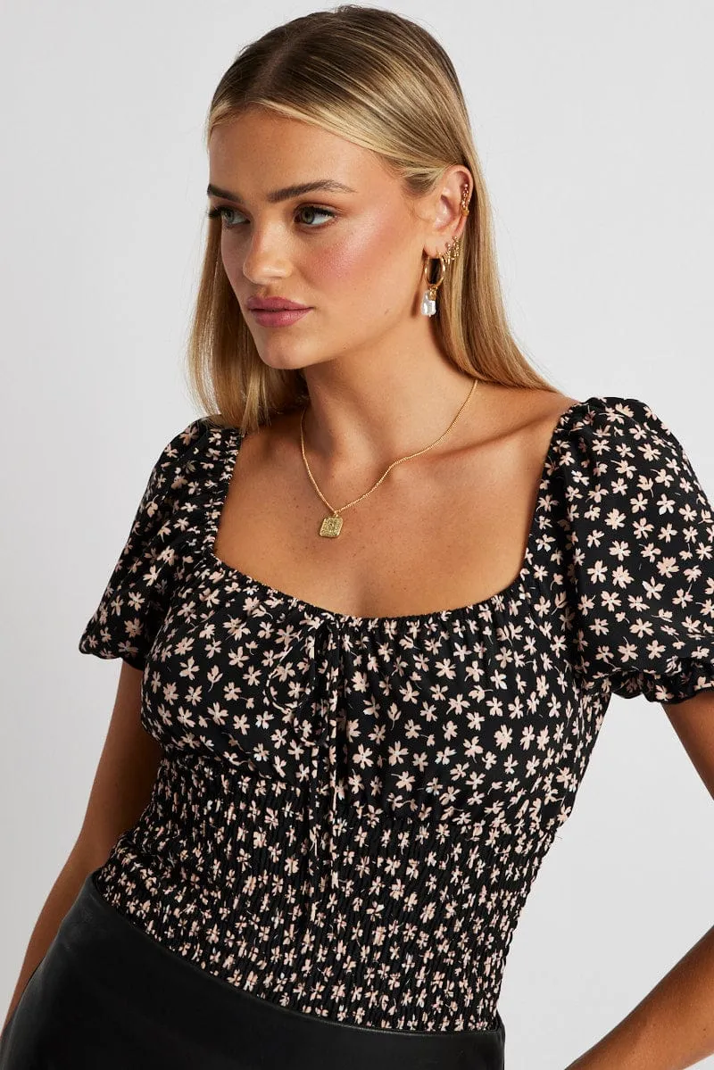 Black Ditsy Bodysuit Short Sleeve sold by Ally Fashion