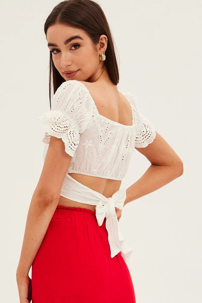White Crop Top Short Sleeve Tie Back Eyelet sold by Ally Fashion product image thumbnail 5