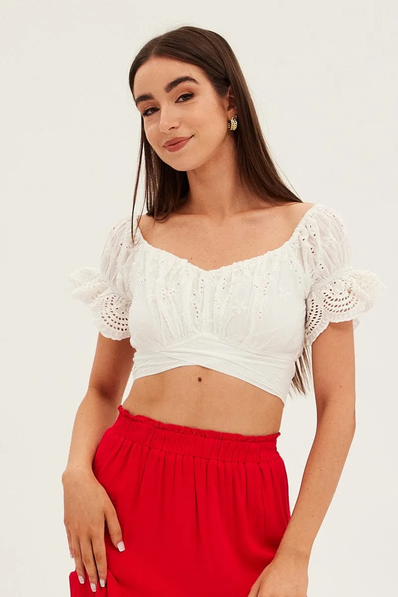 White Crop Top Short Sleeve Tie Back Eyelet sold by Ally Fashion product image thumbnail 3