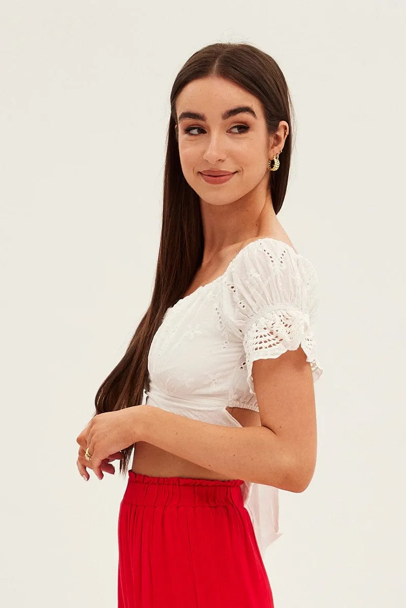 White Crop Top Short Sleeve Tie Back Eyelet sold by Ally Fashion product image thumbnail 4
