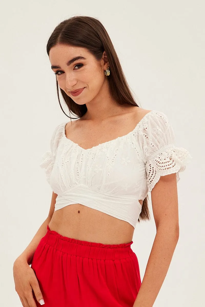 White Crop Top Short Sleeve Tie Back Eyelet sold by Ally Fashion
