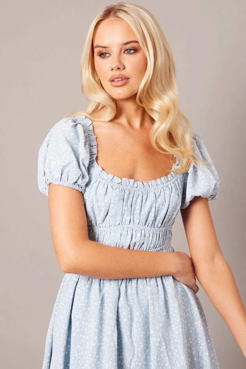 Blue Ditsy Fit And Flare Dress Puff Sleeve sold by Ally Fashion product image thumbnail 3