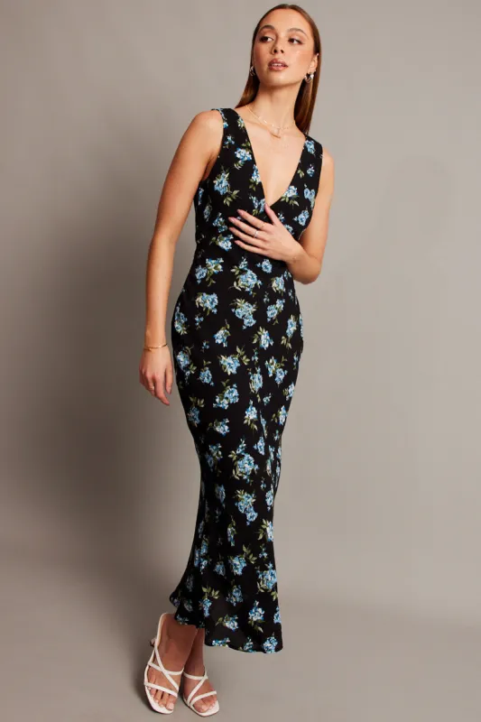 Black Floral Maxi Dress V-Neck Sleeveless sold by Ally Fashion